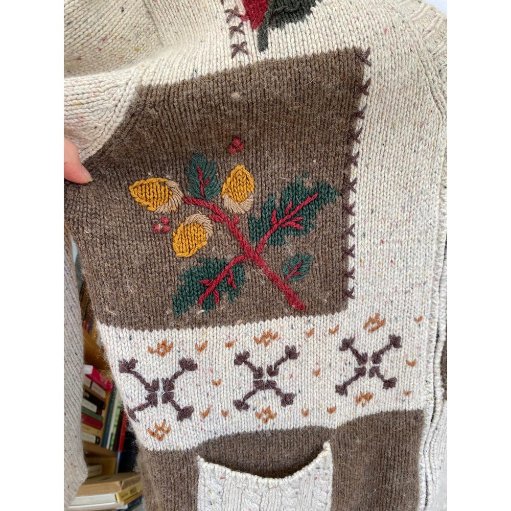 Vintage 1990s Patchwork Embroidered Cream Cardigan Sweater Large Granola Coastal - Picture 3 of 8